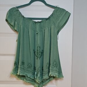 Bohemian Green Embroidered Tassel Blouse | Small | Peasant Style